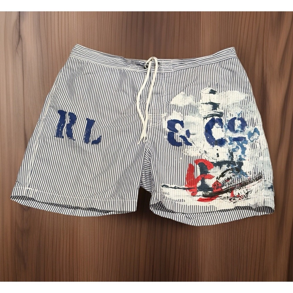 Polo Ralph Lauren Swim Trunks Mens Large Striped Nautical Lighthouse Sailing